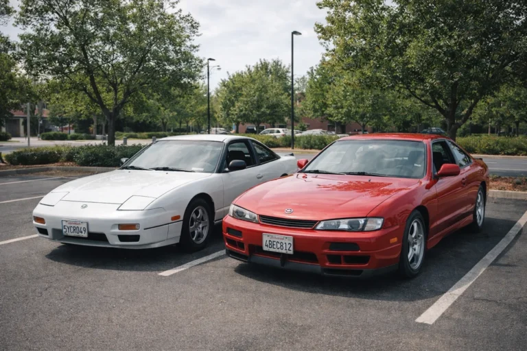 Nissan 240SX S13 et S14 garées côte à côte en extérieur illustrant les deux générations du coupé propulsion emblématique du drift.