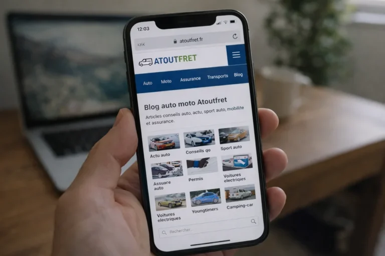 Smartphone affichant la section blog auto moto du site Atoutfret.fr avec catégories actu auto, assurance, permis et véhicules électriques.