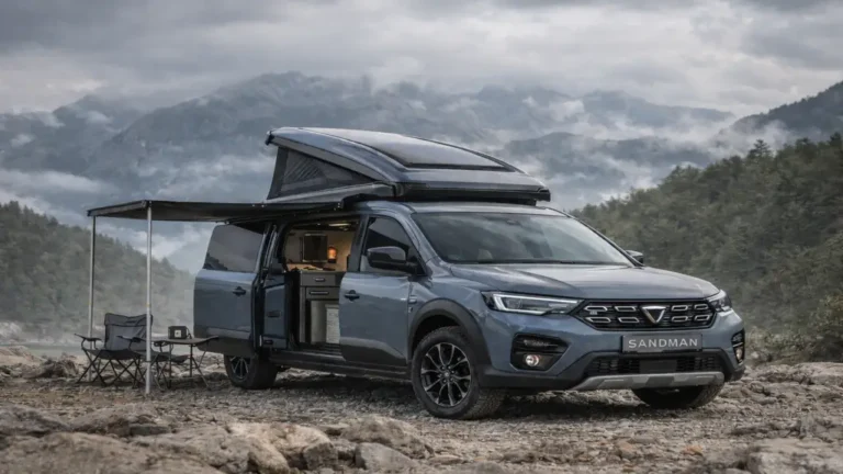 Van aménagé type Dacia Sandman 4x4 fictif stationné en montagne illustrant la rumeur d’un camping-car Dacia qui n’existe pas officiellement