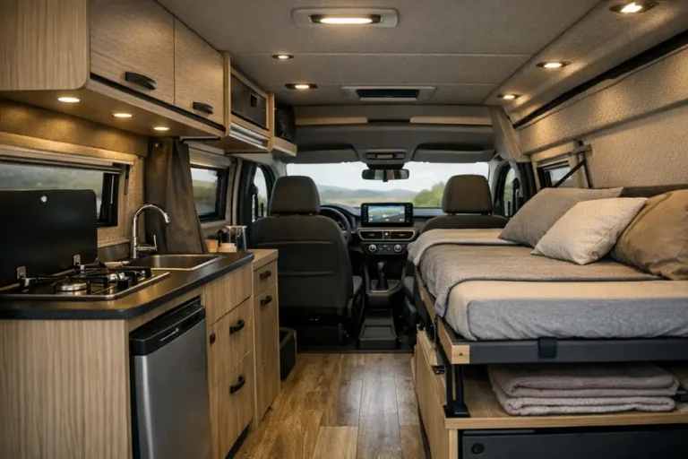 Intérieur de van aménagé inspiré Dacia Jogger avec lit escamotable, kitchenette compacte et tableau de bord moderne, illustration réaliste concept non officiel Sandman.