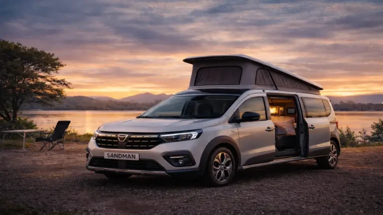 Van aménagé Dacia Sandman fictif stationné au bord d’un lac au coucher du soleil avec toit relevable et intérieur camping visible