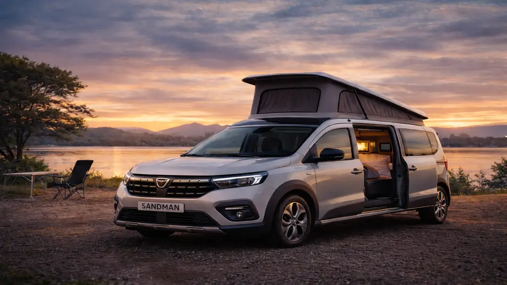 Van aménagé Dacia Sandman fictif stationné au bord d’un lac au coucher du soleil avec toit relevable et intérieur camping visible