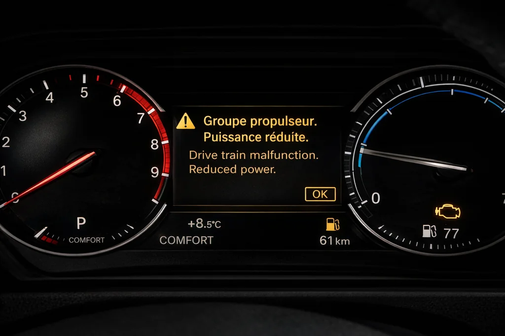 Tableau de bord BMW affichant message groupe propulseur puissance réduite avec voyant moteur allumé et alerte drive train malfunction