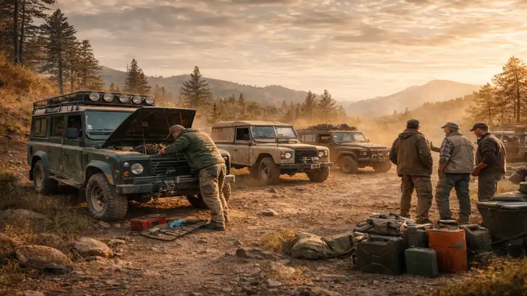 Passionnés Land Rover réunis en sortie tout-terrain avec Defender et Discovery en arrière-plan, ambiance mécanique et esprit d’entraide landiste