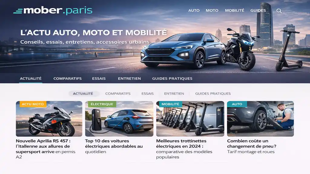 Page d’accueil du site média mober.paris spécialisé en automobile, moto et mobilité urbaine avec articles et rubriques thématiques auto et moto