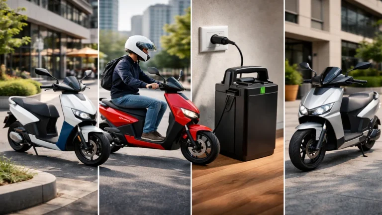 Moto électrique équivalent 50cc en environnement urbain avec batterie amovible en recharge et usage quotidien en ville.