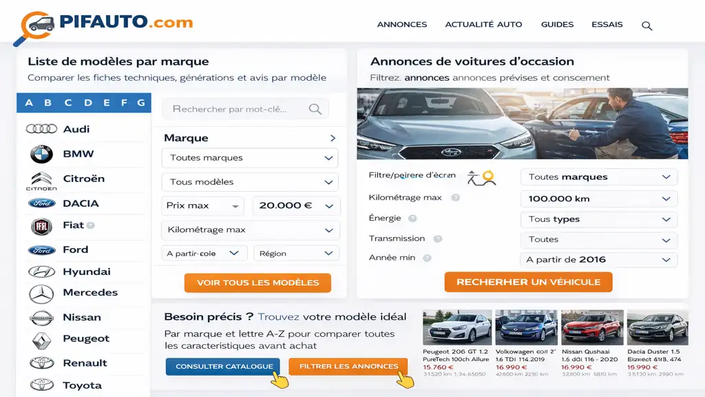 Interface Pifauto.com affichant la liste des modèles par marque et le moteur de recherche d’annonces de voitures d’occasion avec filtres prix et kilométrage