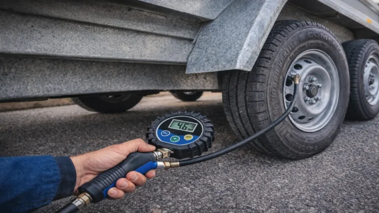 Gros plan sur pneus de remorque gonflés avec manomètre illustrant le contrôle de pression à froid.