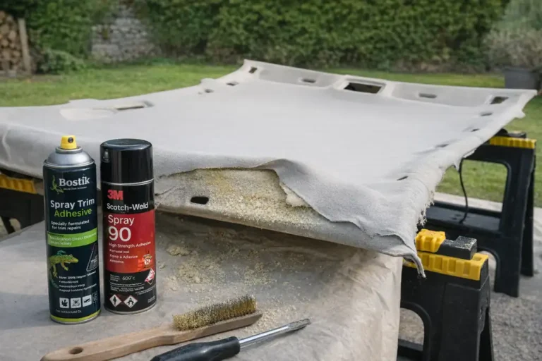 Ciel de toit de voiture démonté avec tissu décollé et mousse apparente, préparation pour recoller avec colle néoprène haute température.