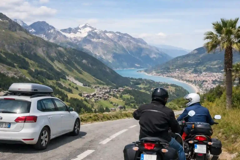 Route des Grandes Alpes avec voiture et motos sur un col de montagne, lac alpin turquoise et panorama spectaculaire entre Alpes et Méditerranée.