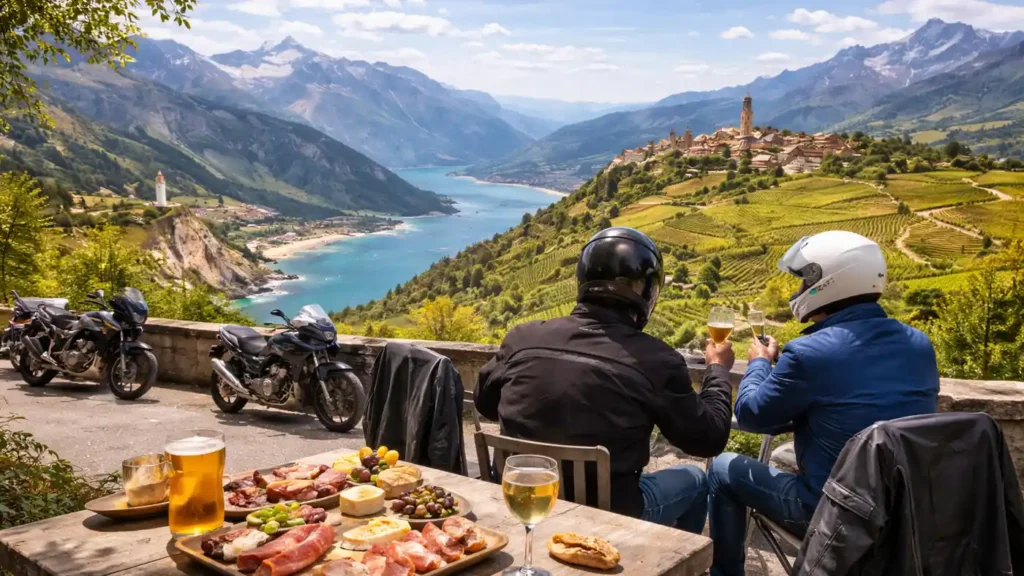 Motards en pause sur une terrasse panoramique face à des paysages français mêlant montagne, vignobles et littoral, illustration d’un week-end sur les plus belles routes de France.
