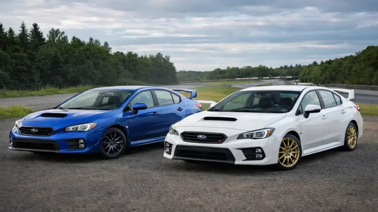 Subaru WRX bleue et WRX STI blanche côte à côte sur circuit illustrant les différences de châssis, transmission et performance entre WRX et STI
