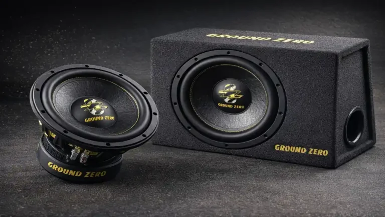Subwoofer Ground Zero 30 cm avec caisson bass-reflex illustrant une installation car audio haute puissance pour voiture