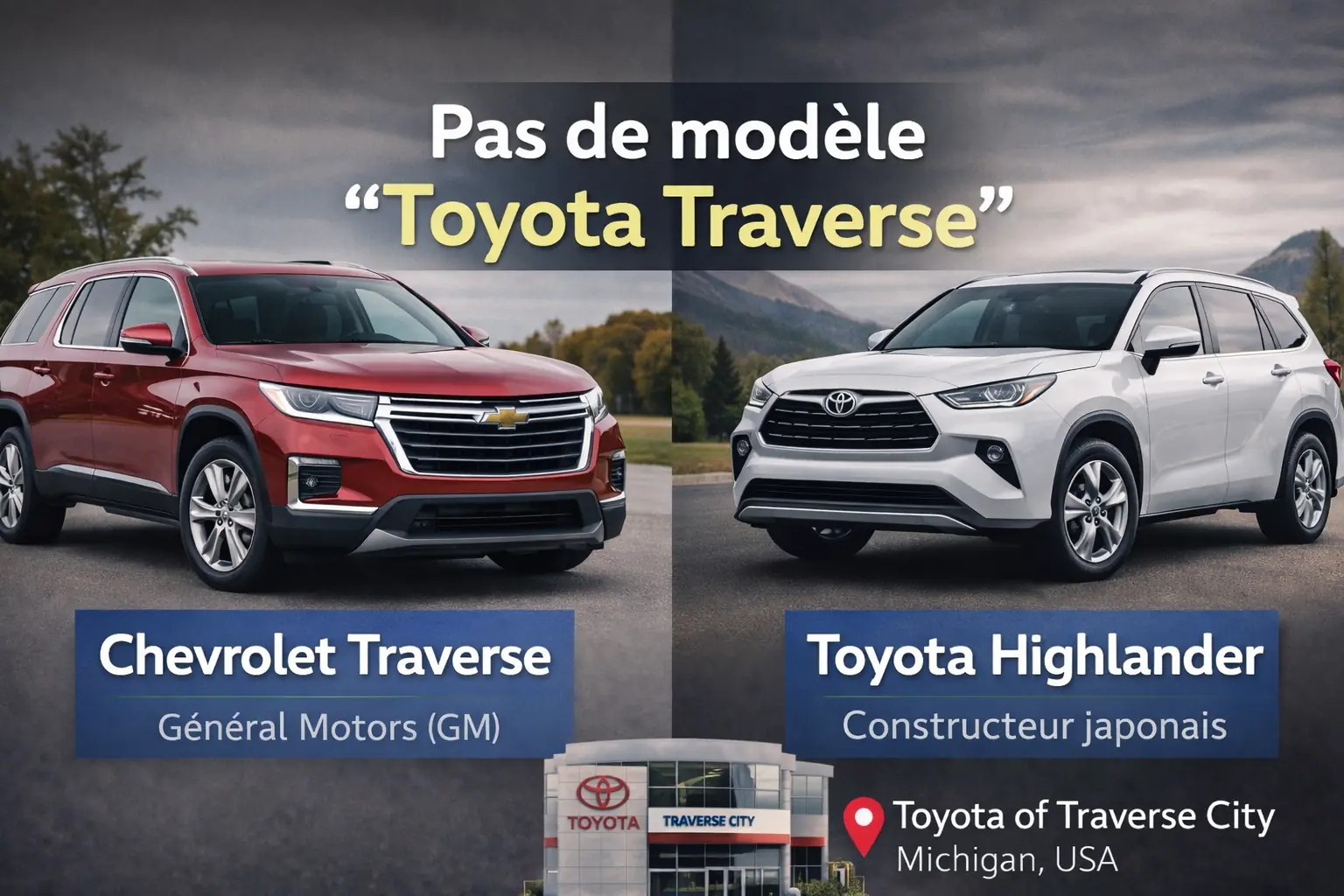 SUV Chevrolet Traverse comparé à un Toyota Highlander illustrant la confusion autour du terme Toyota Traverse