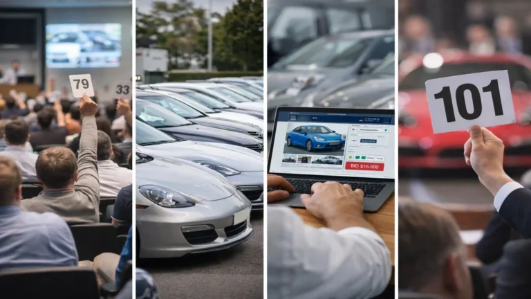 Vente aux enchères automobile avec salle de vente, voitures d’occasion en exposition et enchères en ligne sur ordinateur portable.