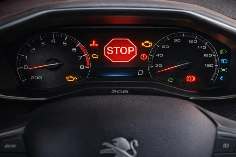 Tableau de bord Peugeot 208 avec voyant STOP rouge allumé et autres témoins lumineux moteur, huile et frein affichés.