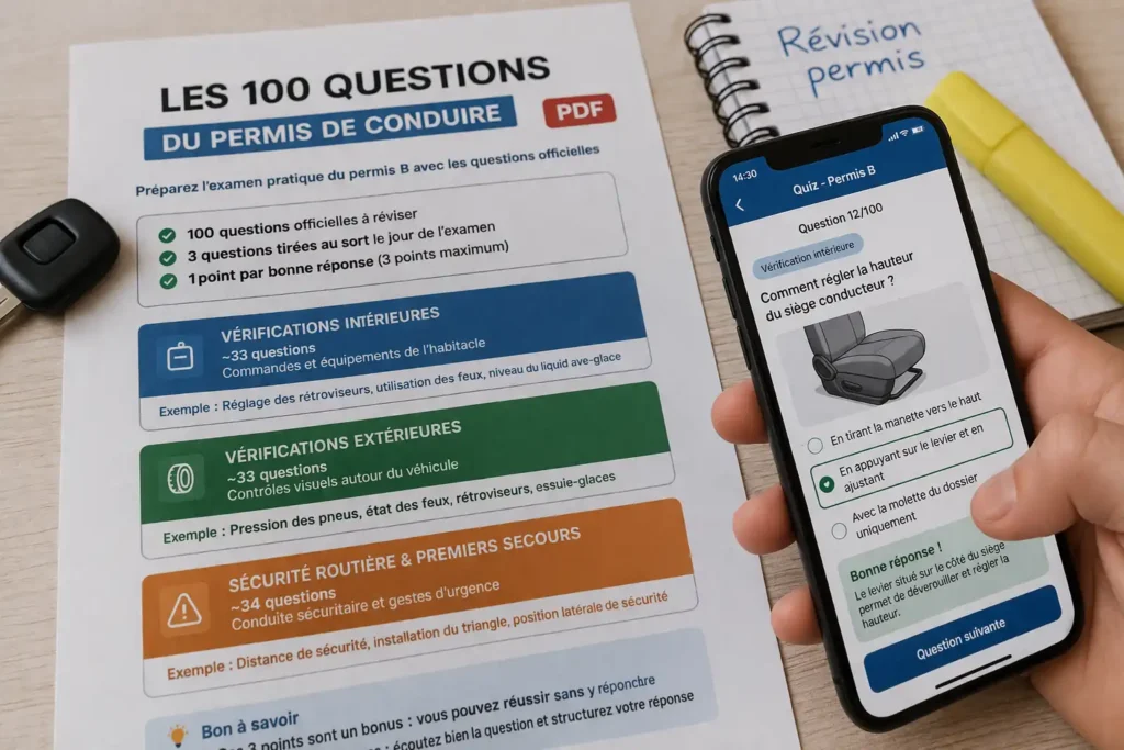 support de révision du permis de conduire avec smartphone, feuille de questions et carnet de notes sur un bureau