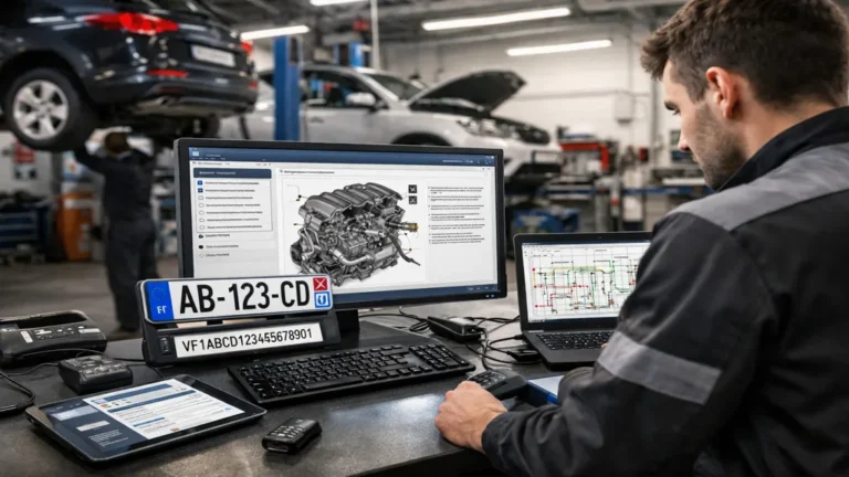 Mécanicien utilisant un logiciel de données techniques automobile dans un atelier multimarque pour consulter schémas électriques et méthodes de réparation.