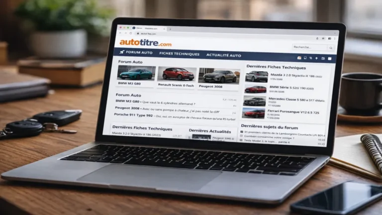 Consultation d’un forum automobile sur un ordinateur portable avec clés de voiture posées sur un bureau.