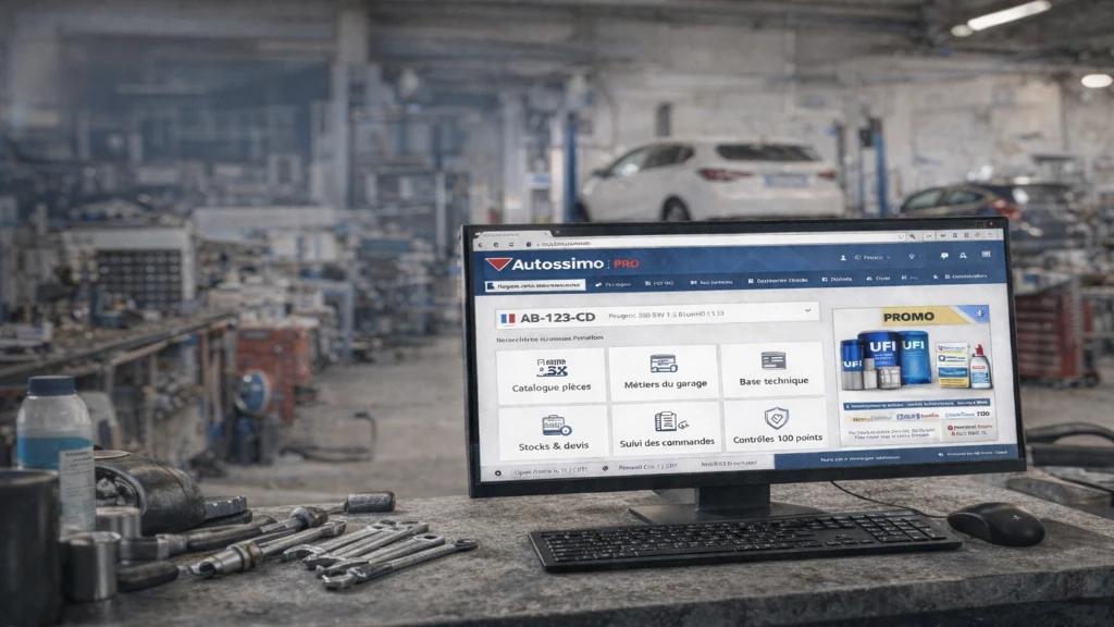 plateforme Autossimo Autodistribution affichée sur écran dans atelier de réparation automobile