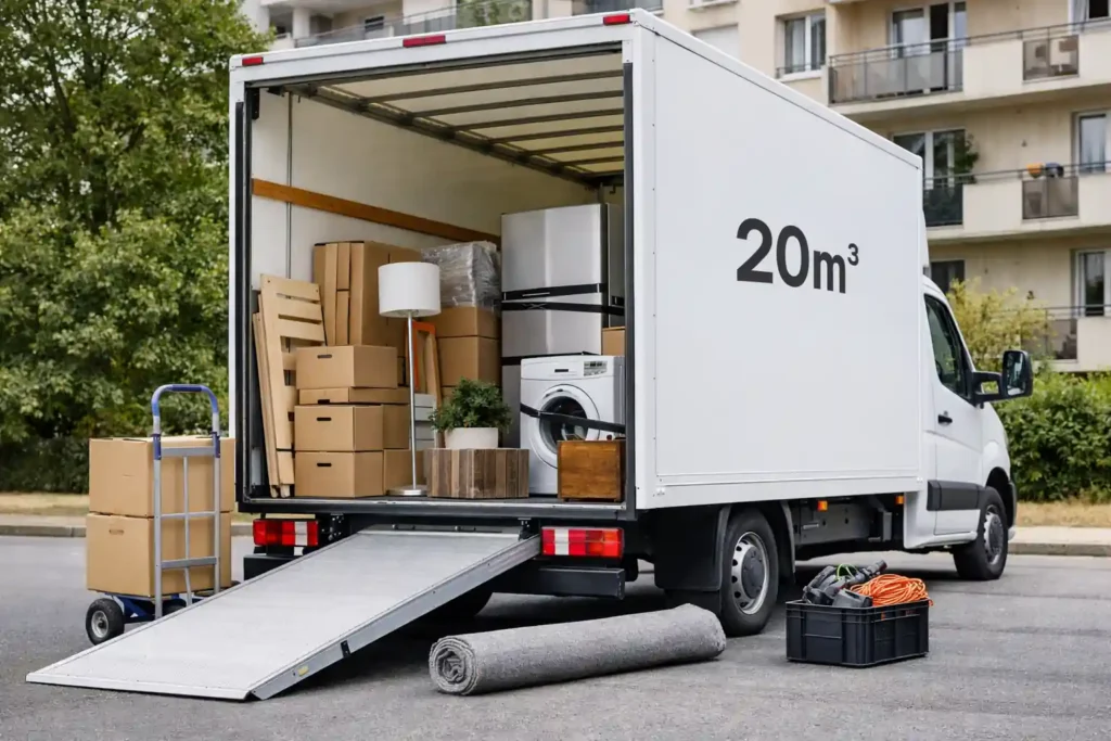 camion de déménagement 20 m3 stationné devant un immeuble, avec cartons, électroménager et mobilier prêts à être chargés