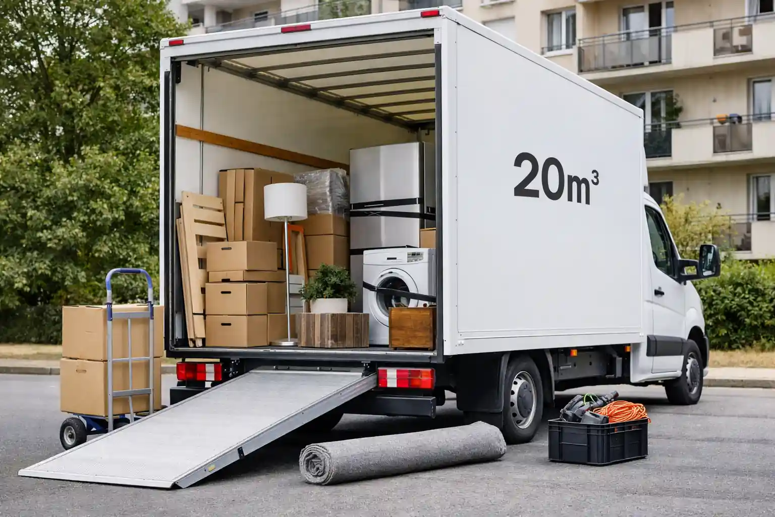camion de déménagement 20 m3 stationné devant un immeuble, avec cartons, électroménager et mobilier prêts à être chargés