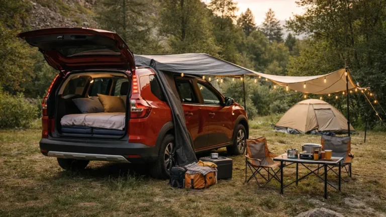 Dacia Jogger rouge aménagée pour dormir en camping, avec couchage dans le coffre et matériel de bivouac en pleine nature