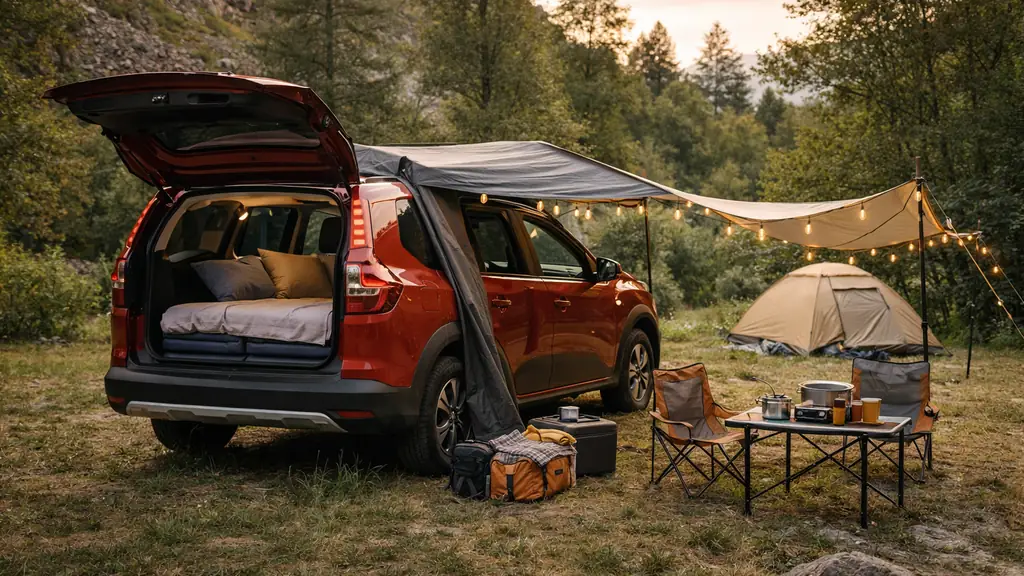 Dacia Jogger rouge aménagée pour dormir en camping, avec couchage dans le coffre et matériel de bivouac en pleine nature