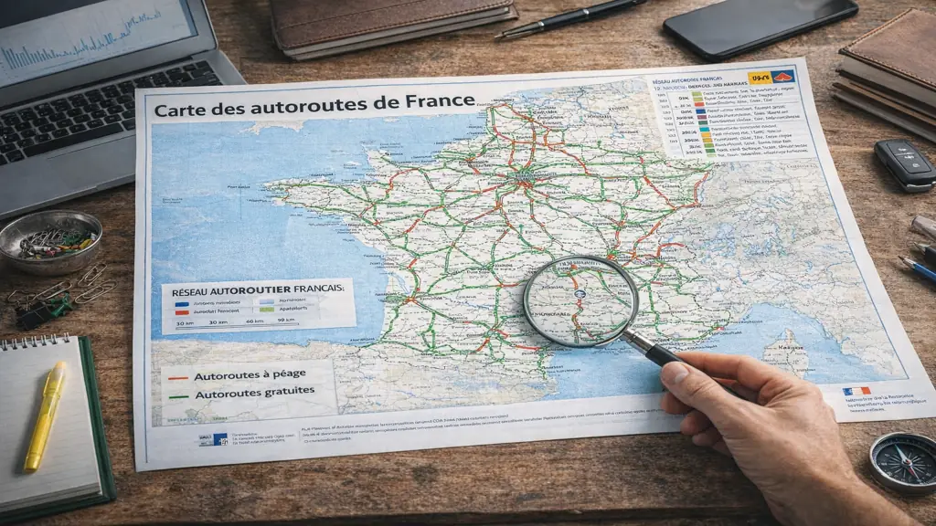 carte des autoroutes de France avec réseau autoroutier et principaux axes routiers