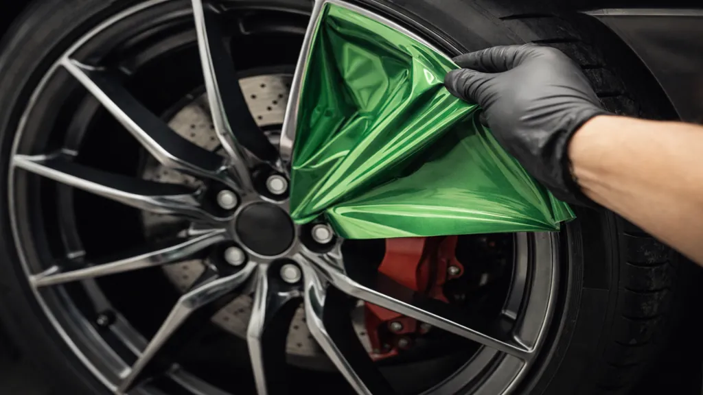 Pose d’un film vinyle sur une jante de voiture pour un covering jantes personnalisé.