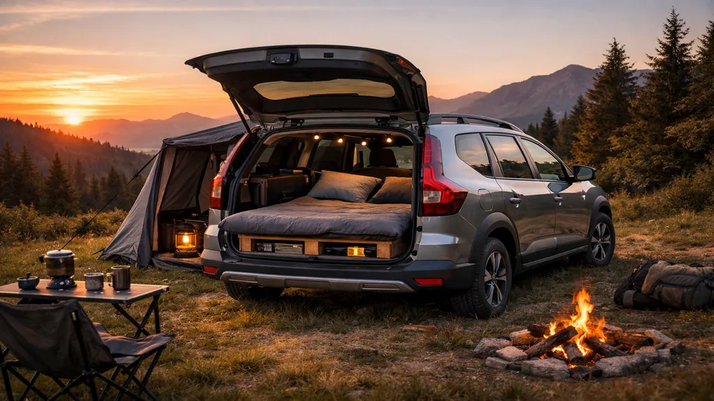 Dacia aménagée pour le bivouac en montagne au coucher du soleil, avec couchage dans le coffre et ambiance camping réaliste