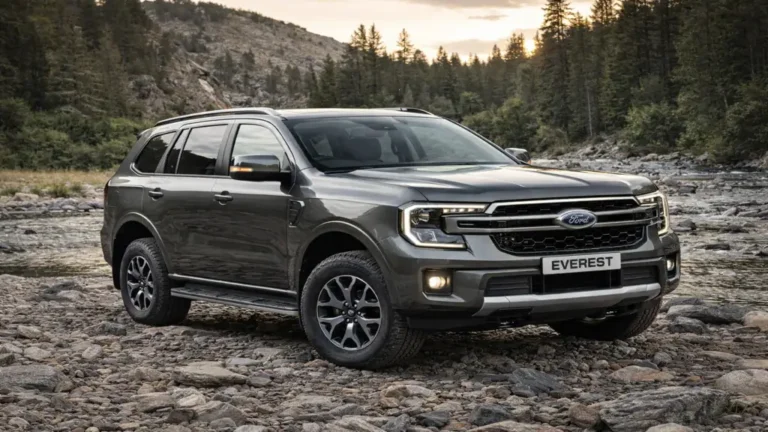 Ford Everest SUV 7 places tout-terrain stationné sur un terrain rocheux près d’une rivière, grand SUV basé sur la plateforme du Ford Ranger.