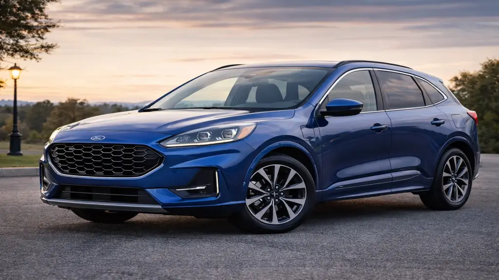 Ford Kuga SUV compact familial bleu stationné sur route au coucher du soleil, modèle hybride et flexifuel populaire sur le marché français.