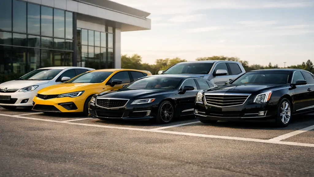 Plusieurs voitures de différentes marques alignées sur un parking moderne illustrant les constructeurs automobiles commençant par la lettre C