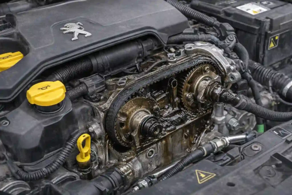 moteur 1.2 PureTech de Peugeot avec courroie de distribution bain d’huile visible dans le compartiment moteur d’une voiture Stellantis