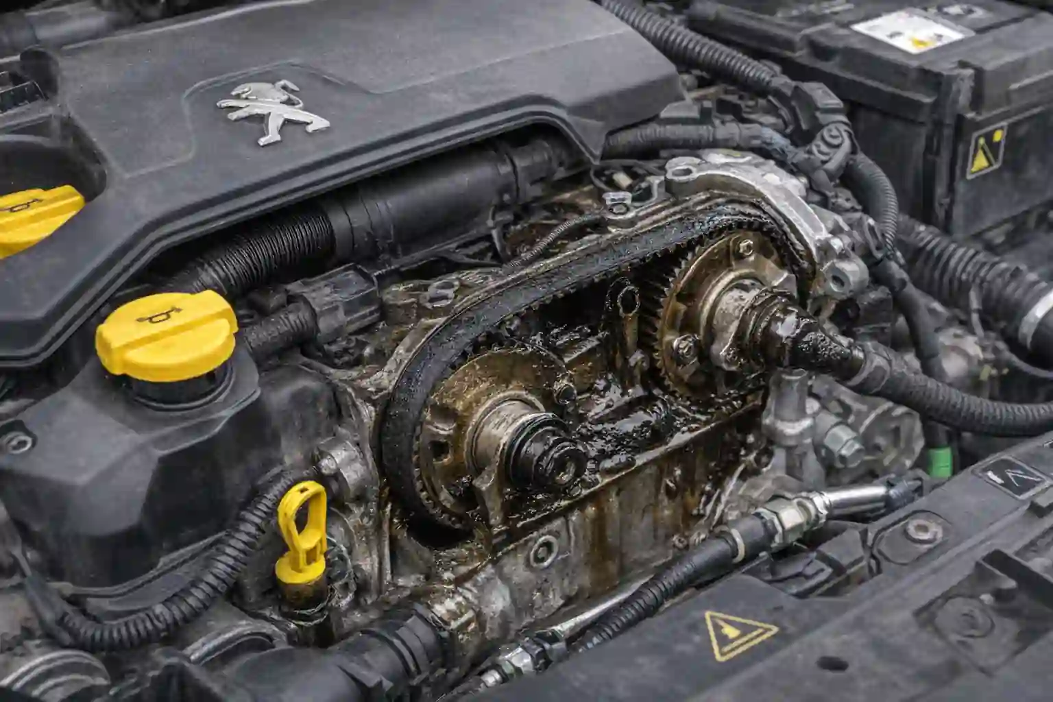 moteur 1.2 PureTech de Peugeot avec courroie de distribution bain d’huile visible dans le compartiment moteur d’une voiture Stellantis