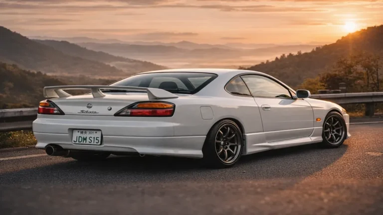 Nissan Silvia S15 blanche garée sur une route de montagne au coucher du soleil, illustrant le célèbre coupé sportif japonais propulsion.
