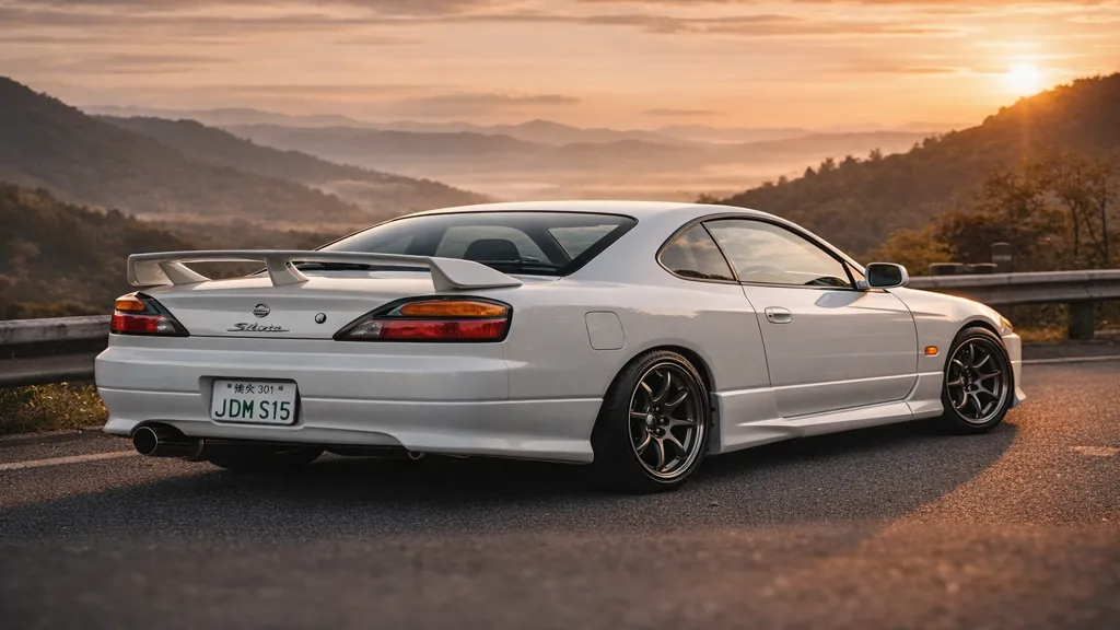 Nissan Silvia S15 blanche garée sur une route de montagne au coucher du soleil, illustrant le célèbre coupé sportif japonais propulsion.