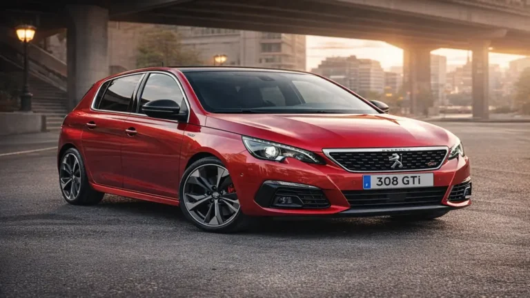 Peugeot 308 GTi rouge compacte sportive Peugeot Sport stationnée en environnement urbain, modèle uniquement disponible en boîte manuelle sans version automatique officielle.