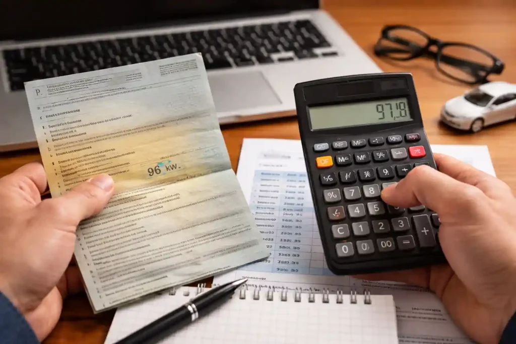 personne utilisant une calculatrice et une carte grise pour convertir la puissance moteur de kilowatts en chevaux sur un bureau avec documents automobiles