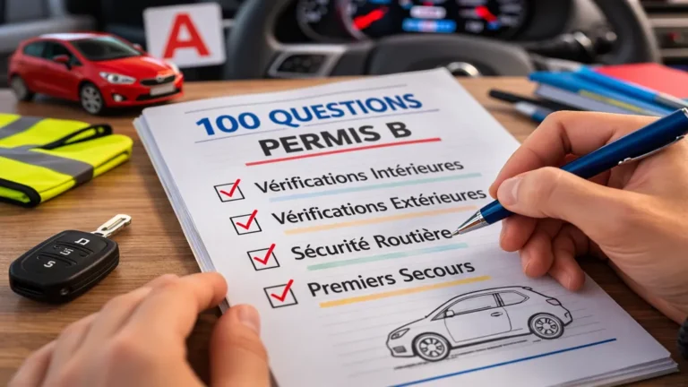 Révision des 100 questions de vérification du permis B sur une feuille posée sur un bureau avec clés de voiture et matériel d’auto-école.