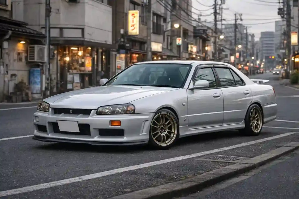 Nissan Skyline R34 Sedan blanche préparée avec jantes sport stationnée dans une rue japonaise urbaine au crépuscule