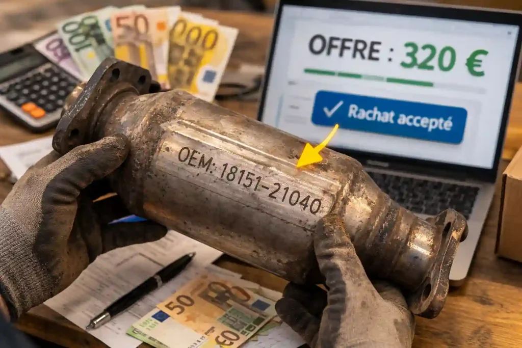 mécanicien tenant un catalyseur usagé avec référence OEM visible pendant l’estimation du prix de rachat sur un bureau avec ordinateur et billets en euros