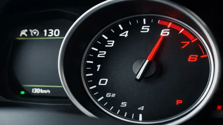 Compte-tours d’une voiture affichant le régime moteur à environ 2 500 tr/min lors d’une vitesse de 130 km/h sur autoroute.