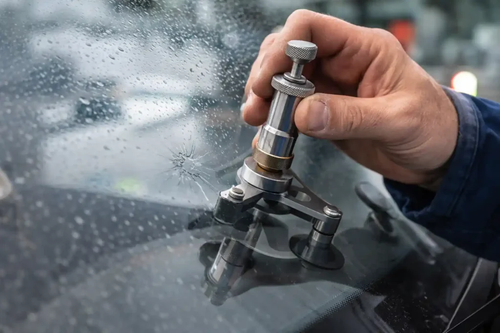 réparation d’un impact de pare-brise avec outil d’injection de résine fixé par ventouse sur un éclat dans le verre d’une voiture