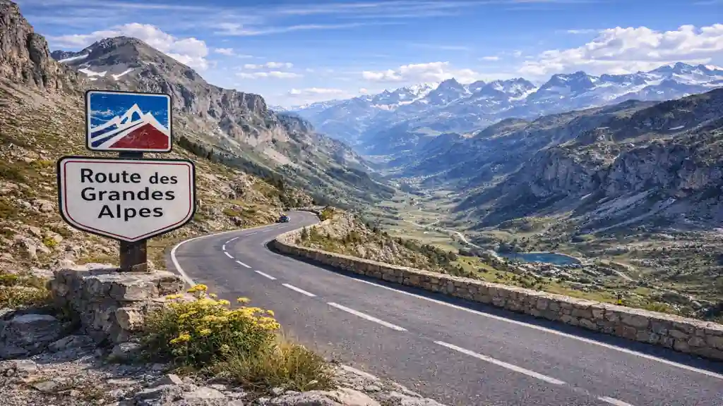 Route des Grandes Alpes serpentant entre cols et montagnes alpines avec vue panoramique sur une vallée et des sommets enneigés.
