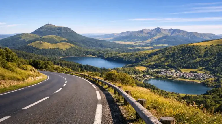 Route panoramique sinueuse dans les volcans d’Auvergne avec vue sur la chaîne des Puys, un lac volcanique et les montagnes du massif du Sancy.