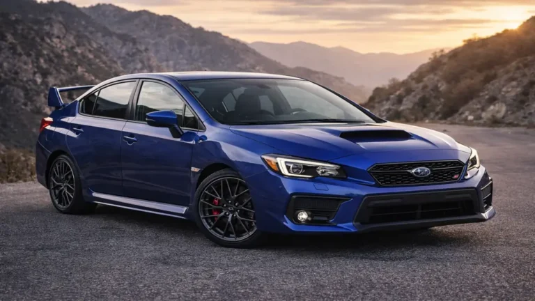 Subaru Impreza WRX STI bleue sportive sur route de montagne avec capot à prise d’air et transmission intégrale, modèle connu pour sa boîte manuelle 6 vitesses exclusive.