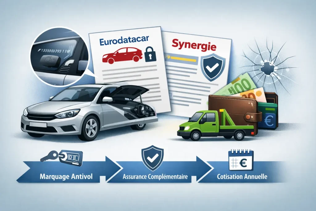 illustration d’un contrat auto complémentaire lié à un véhicule, avec documents, voiture et éléments visuels autour de l’assurance et du marquage antivol