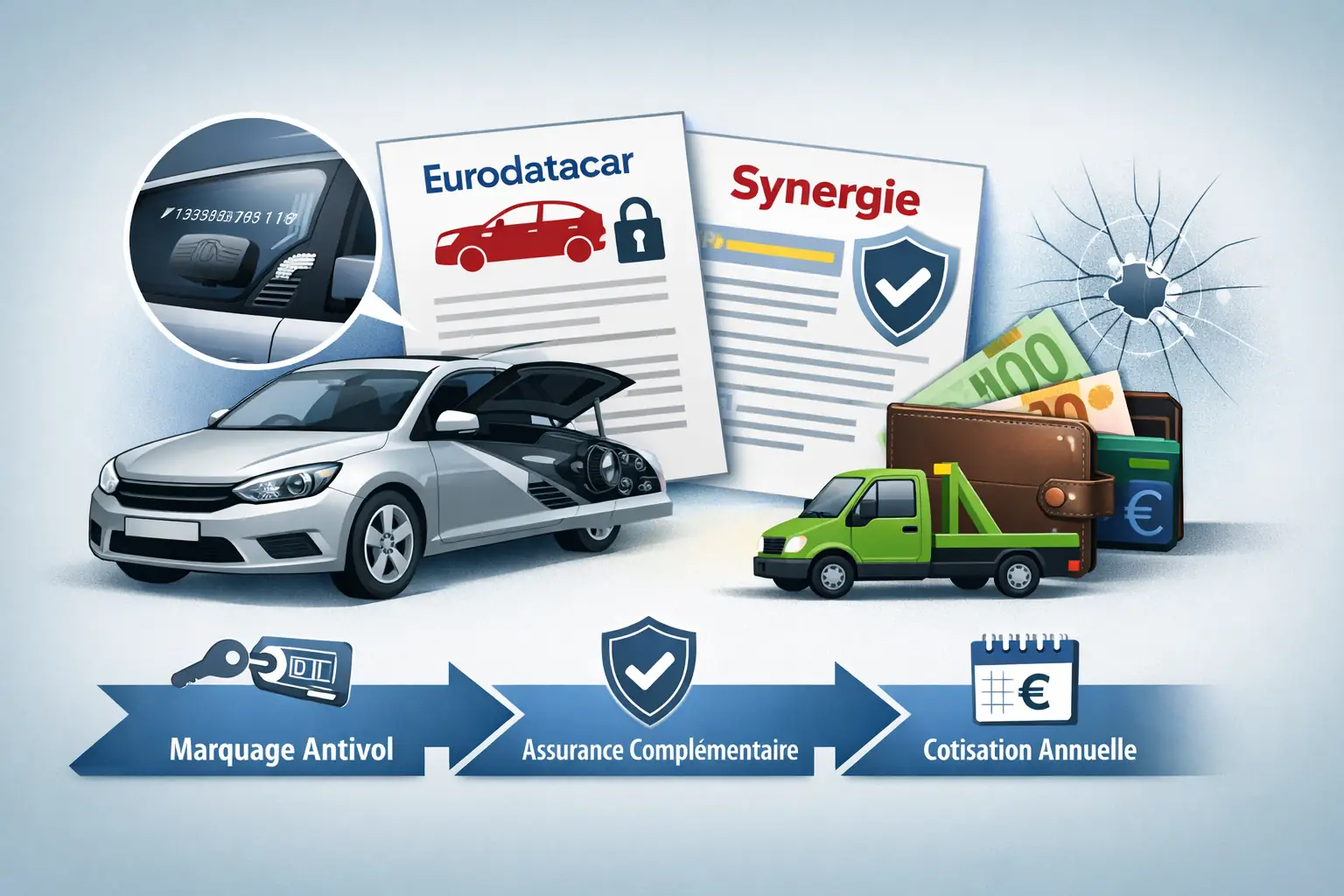 illustration d’un contrat auto complémentaire lié à un véhicule, avec documents, voiture et éléments visuels autour de l’assurance et du marquage antivol